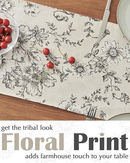 jinchan Black Floral Linen Table Runner 13 x 90 Inch Farmhouse | Long floral - Image 3