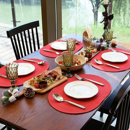 Noctiflorous Oval Braided Placemats Set of 8 Woven 12x18 Inch Non Slip Washable Heat Resistant Place Mats Round Tablemats for Dining Kitchen Party Daily Table Decor Dinner Mats (Red Shine, 8)
