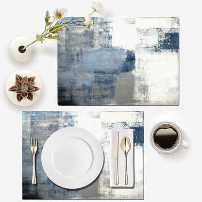 Mcalk Dusty Blue Table Runner and Placemats Set of 6 Pieces, Pink Flower Placemats Modern Art,Abstract Art Cloth Place Mats Indoor for Kitchen,Washable Placemats Linen Material for Dining Table