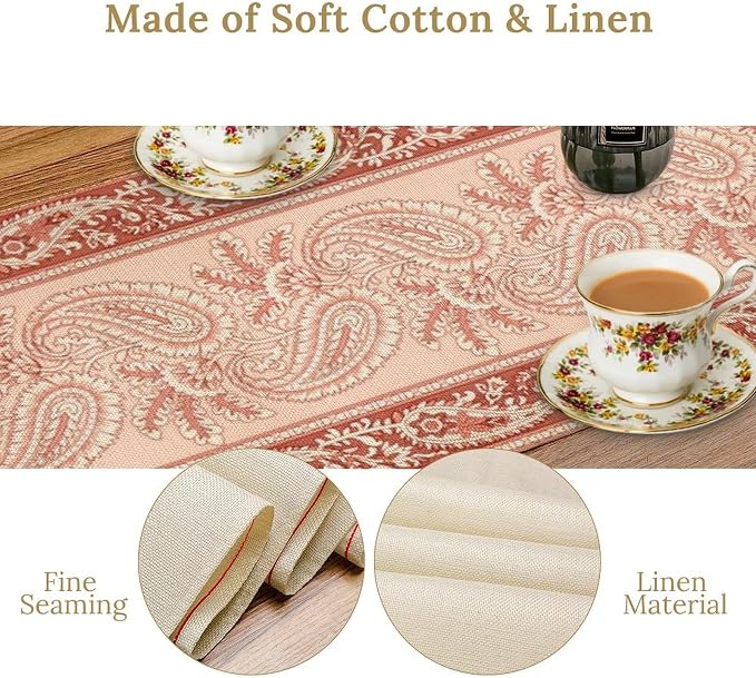 Pink Paisley Table Runner, Abstract Vintage Boho Paisley Flowers Leaves Print - Image 6