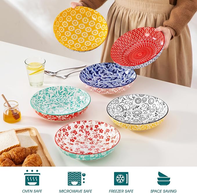 vancasso 8.5" Pasta Bowls Set of 6, 40 oz Porcelain Shallow Salad Bowls - Image 5