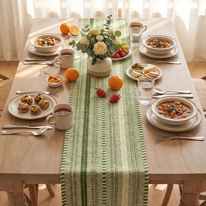 Artoid Mode Army Green Farmhouse Stripe Braided Table Runner 12x48 Inch | - Image 3
