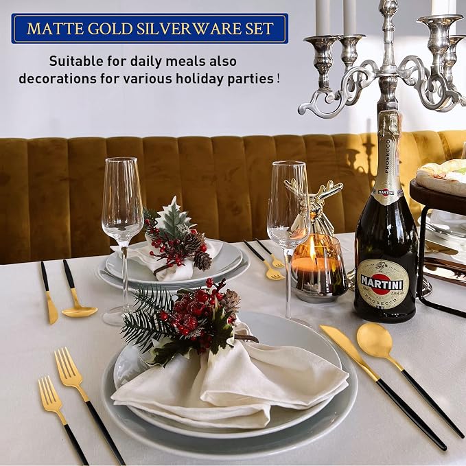 Black and Gold Silverware Set for 8, 40-Piece Matte Handle Flatware, Stainless - Image 6