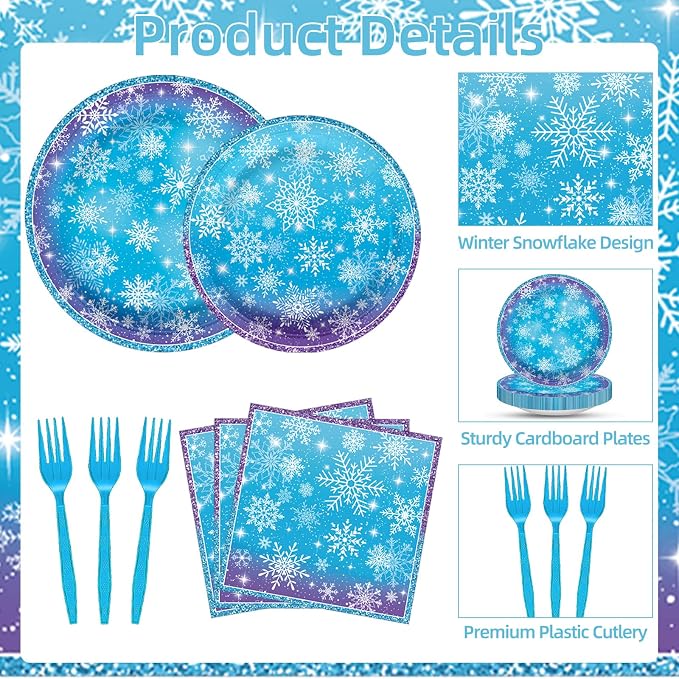 100 Pcs Snowflake Winterland Tableware Party Supplies Set, Serves 25 – - Image 3