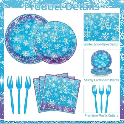 100 Pcs Snowflake Winterland Tableware Party Supplies Set, Serves 25 – - Image 3
