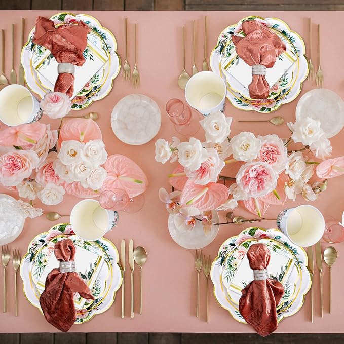 Whaline 100Pcs Pink Floral Paper Tableware Set Spring Flower Gold Foil - Image 7