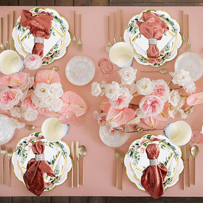 Whaline 100Pcs Pink Floral Paper Tableware Set Spring Flower Gold Foil - Image 7