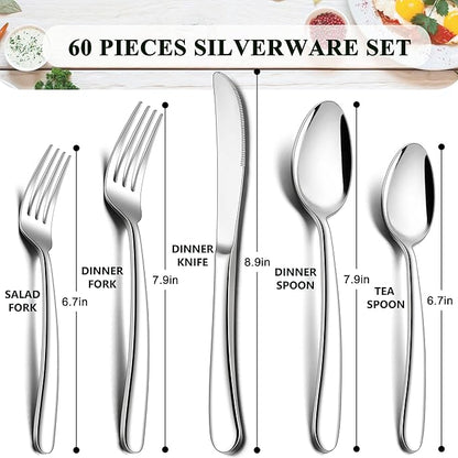 Herogo Heavy Duty Stainless Steel Silverware Set, 60-Piece Fancy Flatware Cutlery Set for 12, Modern Tableware for Home Restaurant Wedding, Heavy Eating Utensils, Mirror Polished, Dishwasher Safe