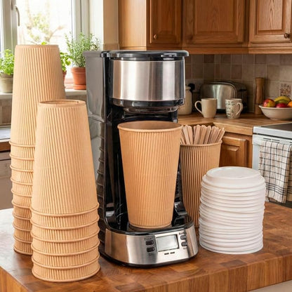 Restaurantware 16 Ounce Ripple Wall Disposable Coffee Cups, 500 Insulated Kraft - Image 3