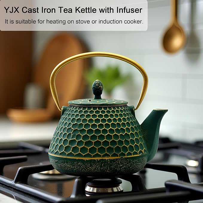 YJX Cast Iron Teapot and Cups Set, 33.8oz Hexagon Pattern Tea Pot Enameled - Image 7