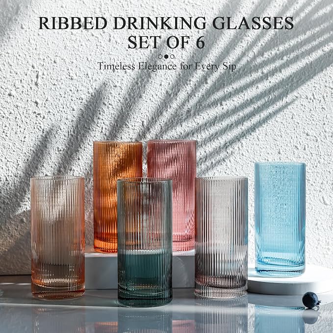 Physkoa Colored Ribbed Drinking Glasses Set of 6 - Image 3