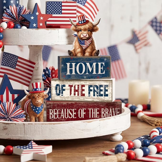Moucuny 4 Pcs 4th of July Decorations Patriotic Highland Cow Wooden Block Sign - Image 6