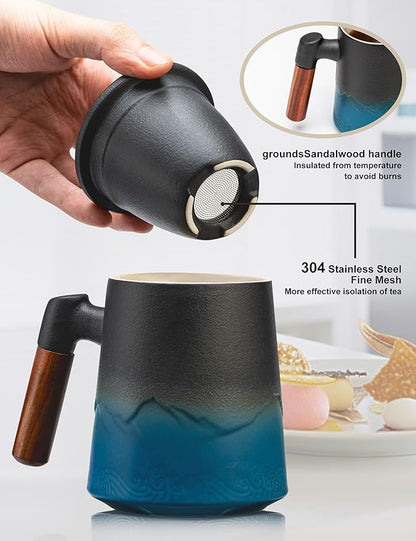suyika Tea Cup with Infuser and Lid, 15.2 Ounce Wood Handle Ceramic Loose Leaf - Image 4