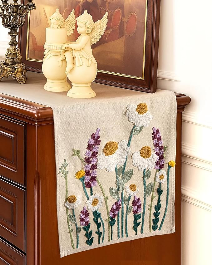 Canvas Embroidered Narrow 13"x 72" Table Runner, Wild Flower | Exquisite - Image 5