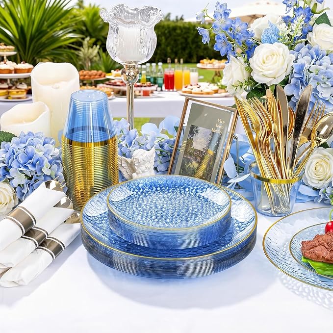 Rubtlamp 100Pcs Blue Gold Plastic Plates, Hammered Plastic Plates Include 50 - Image 3