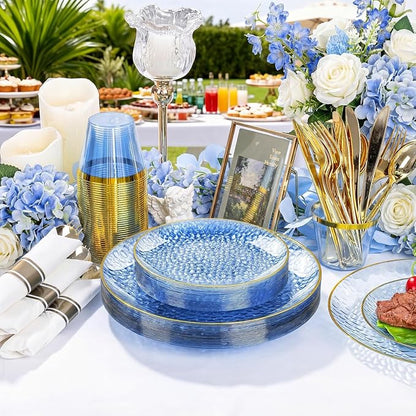 Rubtlamp 100Pcs Blue Gold Plastic Plates, Hammered Plastic Plates Include 50 - Image 3