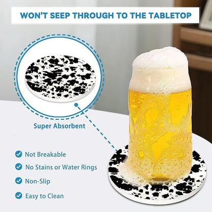 Drinks Coasters Set of 4, Cow Print Round 4" Cup Coasters, Absorbent Ceramic Stone Coasters with Cork Base, Cute Coasters for Table Home Décor, Ideal Gifts for Women Men