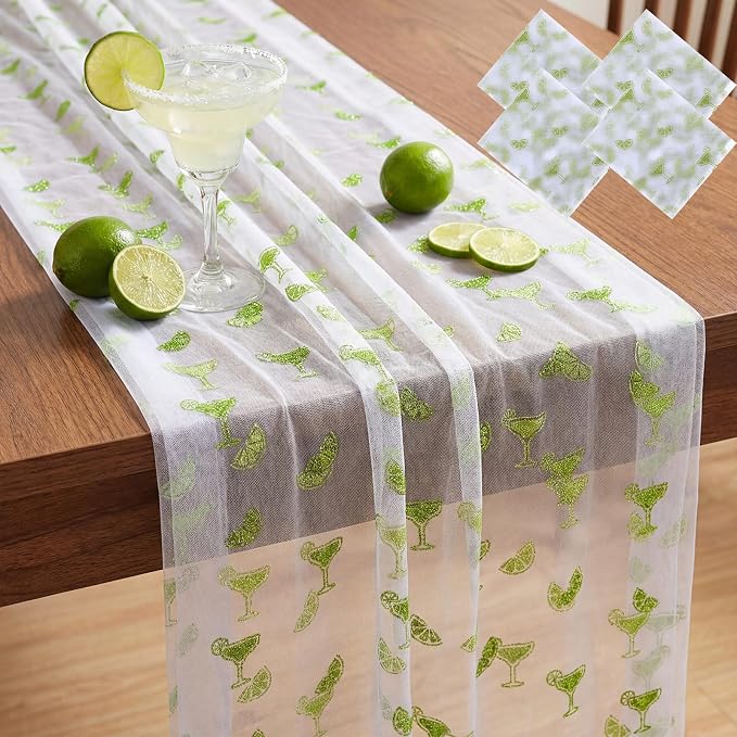 4 Pcs Margarita Table Runners 29 x 70 Inch Glitter Green Margarita Tulle Lace by Windkream