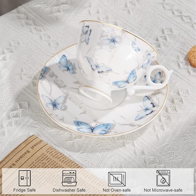 fanquare 6oz British Blue Butterflies Porcelain Tea Cup and Saucer Set of 6 | - Image 2
