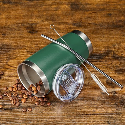 COMOOO 20oz 8 Pack Tumbler Double Wall Vacuum Insulated Coffee Travel Mug Stainless Steel Tumbler Bulk with Lid and Straw Insulated Coffee Cup for Cold & Hot Drinks (dark green, 8 Pack)