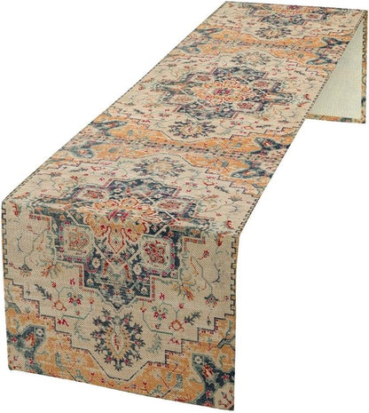 Bohemia Orange Table Runner, Rustic Farmhouse Vintage Geometric Floral Print by JanJCurt