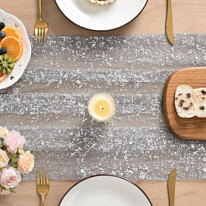 Artoid Mode Grey Gold Gauze Table Runner 120 Inch 10FT, Glitter Metallic Foil Sheer Dining Wedding Anniversary Holiday Birthday Table Decor for Home Party