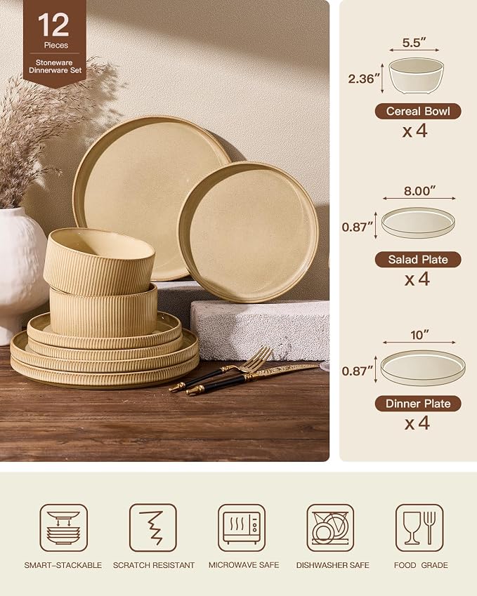 Stoneware Dinnerware Sets for 4, Reactive Glaze, Cream | 12-Piece Everyday - Image 8