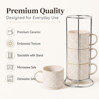 6 Oz Coffee Mugs with Stand, Stackable Coffee Cups Set of 4, Ceramic Espresso - Image 2