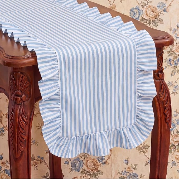 HunnmingRe Ruffle Trim Boho Table Runner Farmhouse Rustic Stripes Scalloped - Image 9