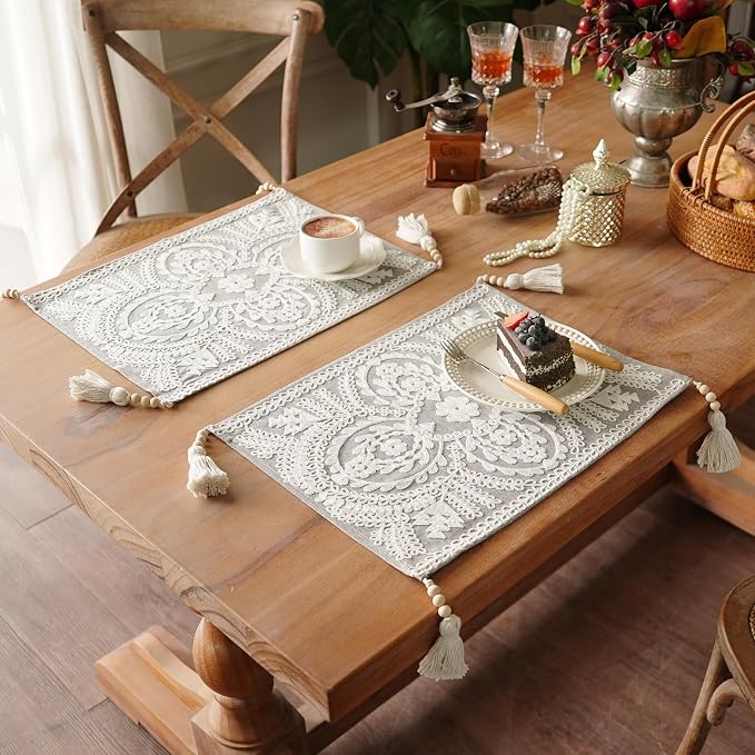 Embroidered Placemat Boho Farmhouse Place Mats, 8 Tassel Pendants, Layered - Image 3