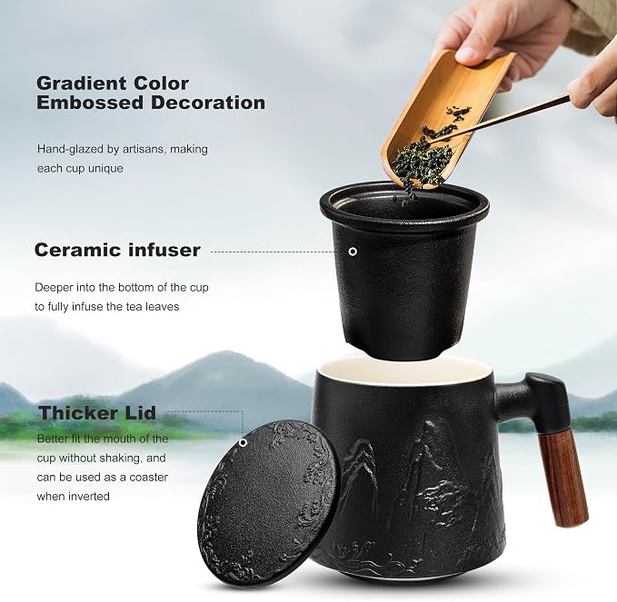 suyika Ceramic Tea Cup with Infuser and Lid, Gradient Embossed Large Tea Mug - Image 3