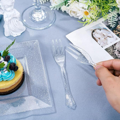 DaYammi 100Pcs Dessert Plates Set Including 50Pcs Cake Plates 6",50Pcs Plastic Forks 5.7",Silver Glitter Square Plastic plates for Party,Silver Appetizer plates and Forks for Wedding Party Birthday