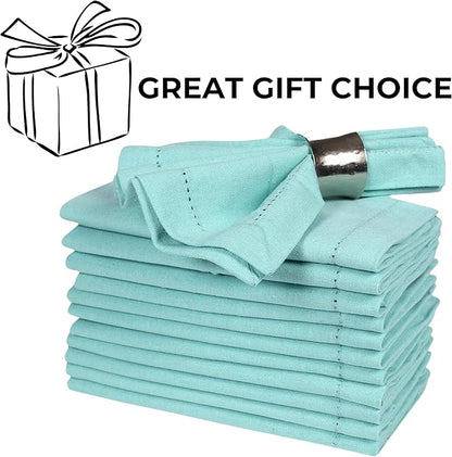 Bedding Craft Cotton Cloth Dinner Napkins Set of 12 – 18x18 Aqua with Hemstitched Mitered Corners – Reusable Machine Washable Napkins for Weddings, Parties & Table Decorations