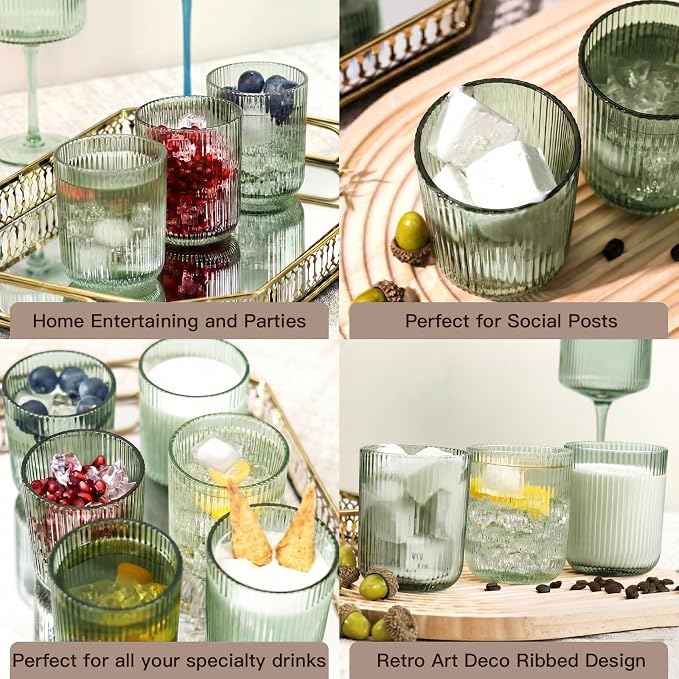 Green Ribbed Highball Glasses Set of 6, 8.5oz Sage Green Vintage Glassware - Image 4