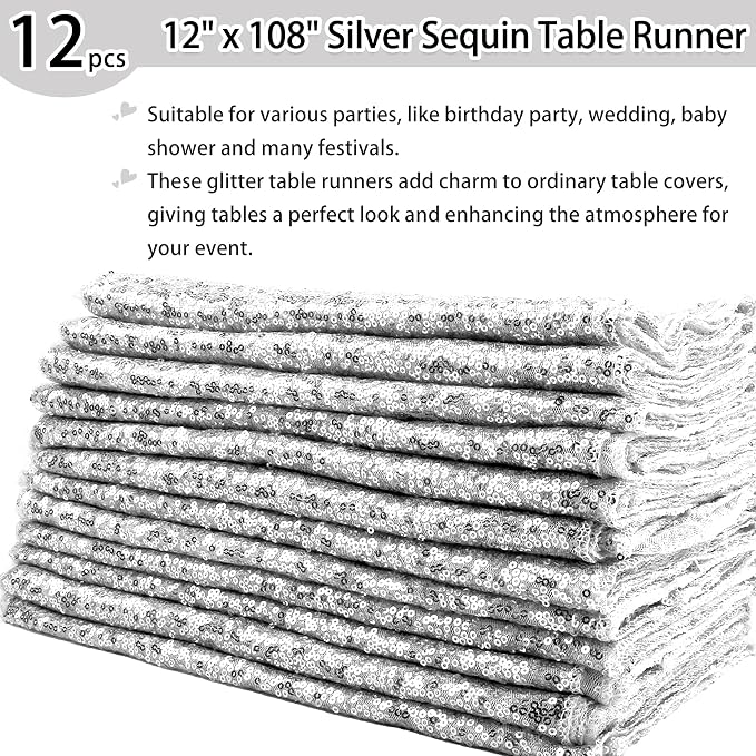 12 Packs 12 X 108 Inch Silver Sequin Table Runner Glitter Dining Table Runner - Image 2
