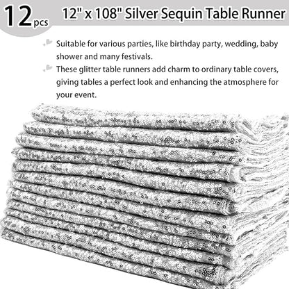 12 Packs 12 X 108 Inch Silver Sequin Table Runner Glitter Dining Table Runner - Image 2