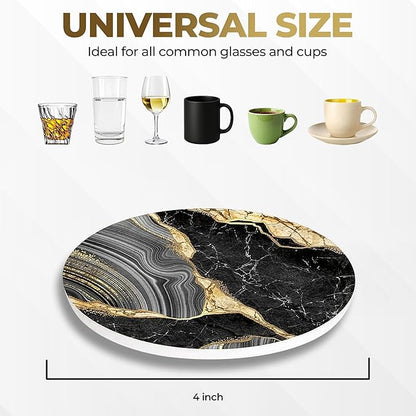 Luxury Black & Gold Marble Ceramic Coasters - Set of 6 with Gold Metal Holder - Premium Round Drink Coasters for Coffee, Tea, Whiskey, Wine - Stylish Home & Kitchen Decor
