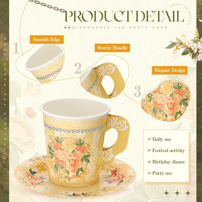 Nuogo 200 Pcs Floral Paper Tea Cups and Saucers 7 oz Disposable Paper Teacups - Image 3