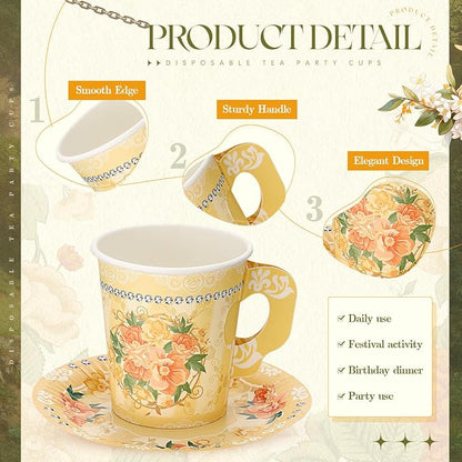 Nuogo 200 Pcs Floral Paper Tea Cups and Saucers 7 oz Disposable Paper Teacups - Image 3