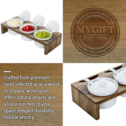 MyGift 10 Piece Condiment Pot Serving Set Includes Premium Acacia Solid Wood Raised Display Server Tray and 3 Ceramic Ramekin Dip Bowls with Lids and Spoons