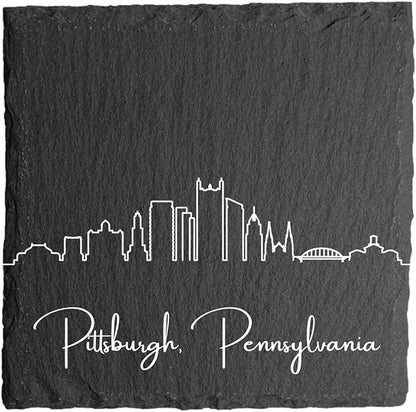 Blue Ridge Mountain Gifts - Pittsburgh PA Skyline Coasters, Set of 4 - Pittsburgh Pennsylvania Souvenir, Slate Coasters with Minimalist Skyline, Housewarming Gift for Friends, Family, & Neighbors