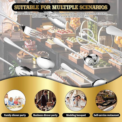 32Pcs Serving Utensils Set Serving Spoons, Buffet Tongs, Cake Spatula, Forks, Perforated Ladles, Soup Scoops, Skimmers and Black Heavy-Duty Serving Tongs (Silver)