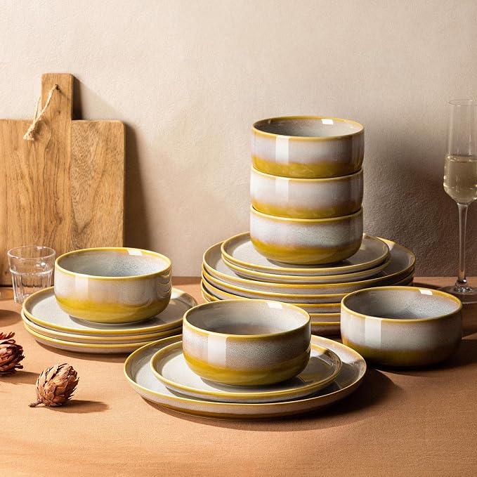 Ceramic Dinnerware Set for 6, 18-Piece Plates and Bowls Set | Handmade Reactive by TheTerra