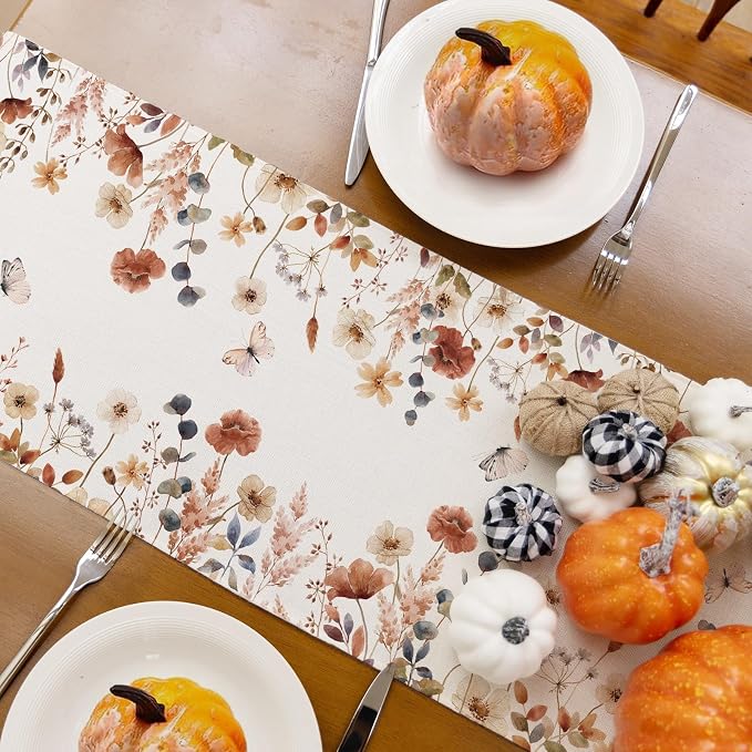 Fall Brown Flowers Table Runner Butterfly Burlap Table Runners, Autumn Harvest - Image 4