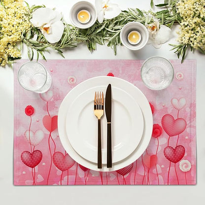 Giwawa Valentines Day Placemats Set of 4 12x18 Inch Red Love Hearts Flower Floral Decorative Place Mat Linen Heat Resistant Washable Table Mats for Kitchen Dining Holiday Wedding Anniversary