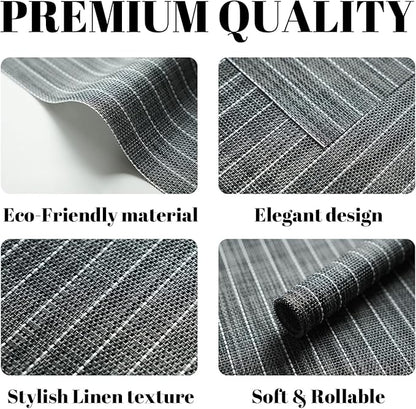Placemats Set of 12 Vinyl/Plastic Woven Place Mats for Kitchen Table Indoor/Outdoor Washable Placemat Wipeable Dining Table Mats (Black Stripes,12)