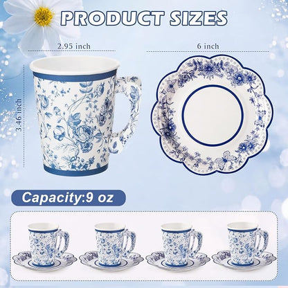 FillTouch 100 Sets Blue Floral Paper Tea Cups and Saucers Disposable Paper Tea - Image 2