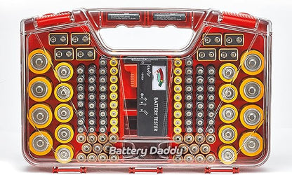 Ontel Battery Daddy Storage & Organizer Case with Tester, Stores & Protects Up to 180 Batteries, Double-Sided, Durable Design with Clear Locking Lid, Secure Latches & Portable Carrying Handle - Red