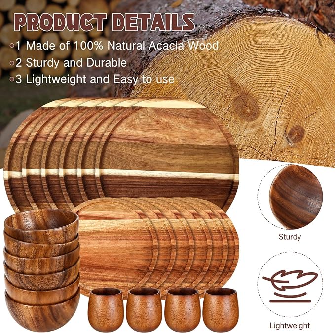 24 Pcs Acacia Wood Dinnerware Set, Round Wooden Plates, Solid Wooden Bowls and - Image 2