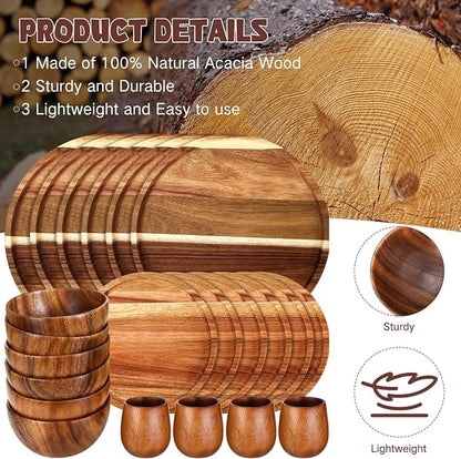 24 Pcs Acacia Wood Dinnerware Set, Round Wooden Plates, Solid Wooden Bowls and - Image 2